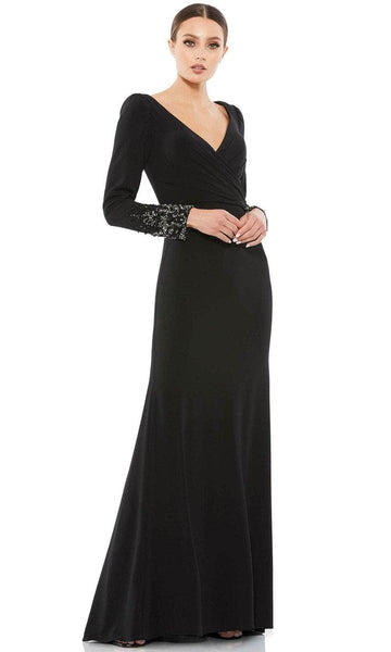 V-neck Floor Length Fall Natural Waistline Fit-and-Flare Mermaid Long Sleeves Beaded Fitted Back Zipper Ruched Crystal Evening Dress/Prom Dress with a Brush/Sweep Train