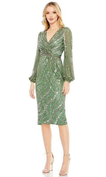 Modest V-neck Cocktail Short Tea Length Polyester Slit Sequined Back Zipper Mesh Beaded Wrap Bell Long Sleeves Sheath Natural Waistline Sheath Dress