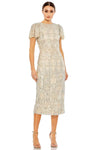 Modest High-Neck Plunging Neck Cocktail Above the Knee Tea Length Sheath Back Zipper Mesh Sequined Slit Beaded Flutter Short Sleeves Sleeves Polyester Natural Waistline Sheath Dress