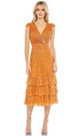 A-line V-neck Wrap Mesh Sequined Beaded Back Zipper Tiered Polyester Cap Sleeves Natural Waistline Cocktail Above the Knee Dress With Ruffles