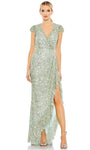 Sexy V-neck Natural Waistline High-Low-Hem Back Zipper Faux Wrap Sequined Glittering Beaded Slit Polyester Sheath Cap Sleeves Sheath Dress/Evening Dress With Ruffles