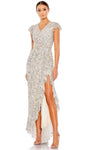 Sexy V-neck Sheath Polyester Cap Sleeves Back Zipper Beaded Slit Sequined Glittering Faux Wrap Natural Waistline High-Low-Hem Sheath Dress/Evening Dress With Ruffles