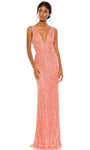 V-neck Empire Waistline Polyester Floor Length Mesh Back Zipper Open-Back Beaded Wrap Sequined Glittering Sheath Plunging Neck Sleeveless Sheath Dress/Evening Dress with a Brush/Sweep Train