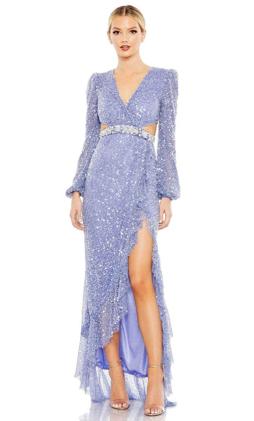 V-neck Cutout Crystal Slit Sequined Beaded Mesh Natural Waistline Bishop Sleeves High-Low-Hem Sheath Sheath Dress/Evening Dress with a Brush/Sweep Train With Ruffles