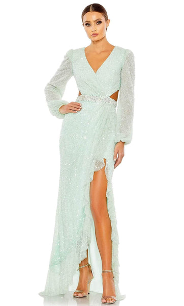 V-neck Sheath Bishop Sleeves Mesh Crystal Beaded Slit Cutout Sequined Natural Waistline High-Low-Hem Sheath Dress/Evening Dress with a Brush/Sweep Train With Ruffles