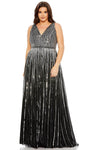 A-line V-neck Striped Print Tulle Natural Waistline Sequined Mesh Hidden Back Zipper Sleeveless Evening Dress