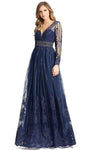 A-line V-neck Plunging Neck Floor Length Natural Waistline Long Sleeves Embroidered Sheer Glittering Fitted Dress