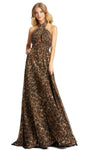 A-line Animal Cheetah Print Halter Backless Back Zipper Open-Back Polyester Natural Waistline Floor Length Sleeveless Dress With a Bow(s)