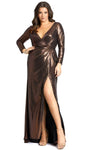 Tall Sophisticated V-neck Long Sleeves Floor Length Faux Wrap Glittering Slit Hidden Back Zipper Sheath Natural Waistline Sheath Dress/Evening Dress with a Brush/Sweep Train