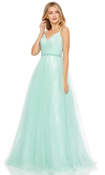 Sophisticated A-line V-neck Belted Beaded Pleated Sequined Sheer Faux Wrap Floor Length Tulle Natural Waistline Sleeveless Spaghetti Strap Evening Dress/Prom Dress with a Brush/Sweep Train