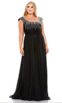 Sophisticated A-line Scoop Neck Cap Sleeves Sleeveless General Print Ruched Flowy Fitted Back Zipper Applique Beaded Floor Length Natural Waistline Fit-and-Flare Evening Dress with a Brush/Sweep Train