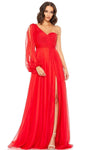 A-line Chiffon Fit-and-Flare Fitted Flowy Asymmetric Ruched Back Zipper Slit Floor Length Empire Waistline Bishop Sleeves Dress with a Brush/Sweep Train