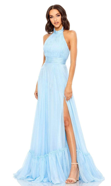A-line Flowy Pleated Ruched Open-Back Back Zipper Slit Fitted Empire Waistline Sleeveless Halter Floor Length Chiffon Prom Dress with a Brush/Sweep Train