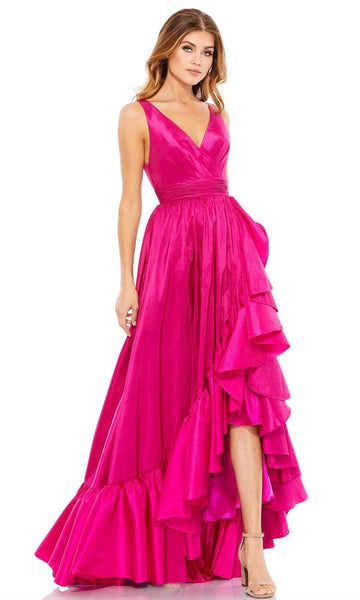 Modest A-line V-neck Sleeveless Fit-and-Flare V Back Fitted Back Zipper Ruched Floor Length High-Low-Hem Taffeta Natural Waistline Prom Dress with a Brush/Sweep Train With Ruffles