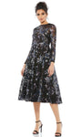 A-line Sequined Hidden Back Zipper Sheer Beaded Jeweled Neck Fall Cocktail Tea Length Floral Print Lace Flutter Long Sleeves Natural Waistline Dress