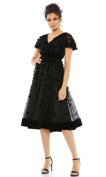 A-line V-neck Cocktail Above the Knee Applique Sheer Beaded Back Zipper Pleated Natural Waistline Floral Print Short Sleeves Sleeves Party Dress