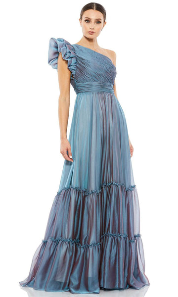 A-line Natural Waistline Cap Sleeves Floor Length Ruched Asymmetric Tiered Shirred Open-Back Evening Dress with a Brush/Sweep Train With Ruffles