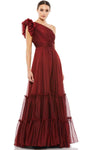 A-line Asymmetric Open-Back Tiered Ruched Shirred Cap Sleeves Floor Length Natural Waistline Evening Dress with a Brush/Sweep Train With Ruffles