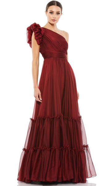 A-line Shirred Open-Back Tiered Ruched Asymmetric Cap Sleeves Natural Waistline Floor Length Evening Dress with a Brush/Sweep Train With Ruffles