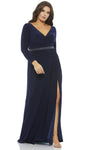A-line V-neck Long Sleeves Natural Waistline Back Zipper Ruched Slit Evening Dress With Rhinestones