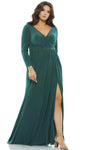 A-line V-neck Long Sleeves Back Zipper Slit Ruched Natural Waistline Evening Dress With Rhinestones