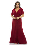 Modest A-line V-neck Flowy Gathered Ribbed Ruched Empire Waistline Floor Length Flutter Short Sleeves Sleeves Evening Dress with a Brush/Sweep Train