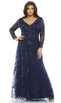 A-line V-neck Long Sleeves Flowy Applique Embroidered Sequined Mesh Natural Waistline Floor Length Evening Dress