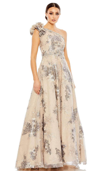 A-line Natural Waistline Floral Print One Shoulder Floor Length Back Zipper Embroidered Mesh Sequined Pocketed Asymmetric Ball Gown Evening Dress with a Brush/Sweep Train With Ruffles