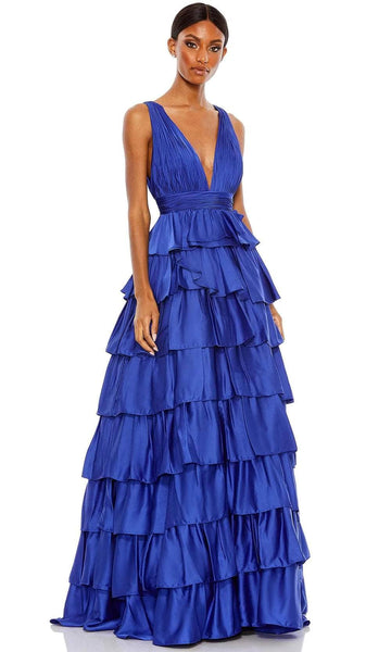 A-line V-neck Natural Waistline Plunging Neck Floor Length Ruched Asymmetric V Back Back Zipper Tiered Sleeveless Evening Dress/Prom Dress With Ruffles