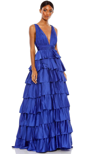 A-line V-neck Floor Length Natural Waistline Tiered V Back Asymmetric Back Zipper Ruched Sleeveless Plunging Neck Evening Dress/Prom Dress With Ruffles