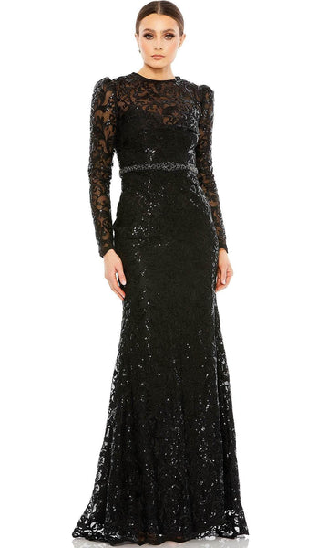 Long Sleeves Natural Waistline High-Neck Belted Embroidered Back Zipper Beaded Sequined Illusion Sheath Floor Length Sheath Dress/Evening Dress/Mother-of-the-Bride Dress/Prom Dress with a Brush/Sweep 