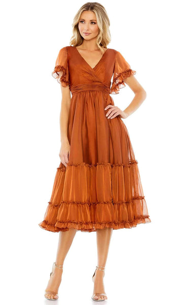 A-line V-neck Back Zipper Tiered Ruched Organza Cocktail Tea Length Short Sleeves Sleeves Empire Natural Waistline Midi Dress