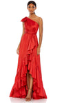 Sophisticated One Shoulder Sleeveless Sheath Pleated Asymmetric Gathered Slit Empire Waistline Sheath Dress/Evening Dress With a Bow(s) and Ruffles