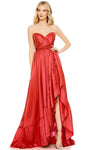 Sophisticated A-line Strapless Floor Length Ruched Faux Wrap Slit Open-Back Natural Waistline Sweetheart Prom Dress with a Brush/Sweep Train With Ruffles