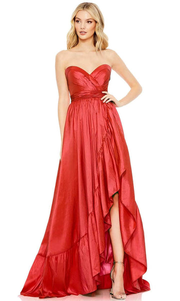 Sophisticated A-line Strapless Sweetheart Floor Length Ruched Open-Back Slit Faux Wrap Natural Waistline Prom Dress with a Brush/Sweep Train With Ruffles