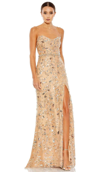 A-line Floor Length Beaded Open-Back Mesh Slit Glittering Sequined Lace-Up Sleeveless Spaghetti Strap Scoop Neck Polyester Natural Waistline Evening Dress with a Brush/Sweep Train