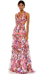 A-line V-neck Plunging Neck Floor Length Summer Floral Print Sleeveless Natural Waistline Chiffon Ruched Cutout Tiered Flowy Prom Dress with a Brush/Sweep Train