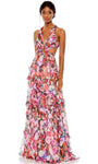 A-line V-neck Floor Length Natural Waistline Floral Print Sleeveless Chiffon Cutout Flowy Tiered Ruched Plunging Neck Summer Prom Dress with a Brush/Sweep Train
