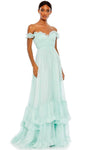 Sophisticated A-line Sweetheart Empire Waistline Ruffle Trim Pleated Open-Back Tiered Back Zipper Off the Shoulder Prom Dress with a Brush/Sweep Train With Rhinestones