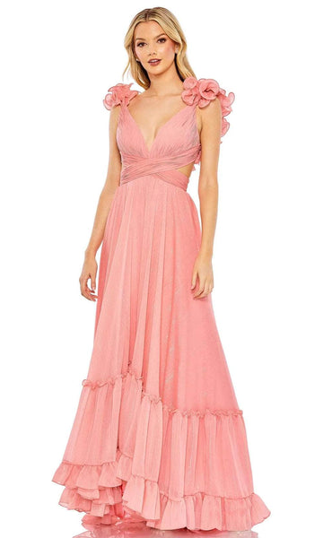 A-line V-neck Floor Length Corset Natural Waistline Plunging Neck Sleeveless Pleated Lace-Up Flowy Dress With Ruffles
