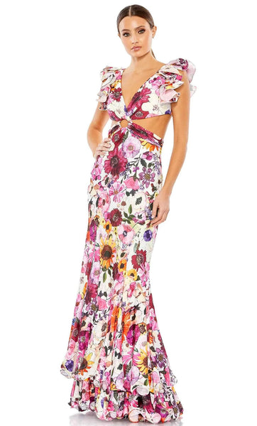 V-neck Cutout Fitted Flowy Back Zipper Charmeuse Floor Length Sheath Plunging Neck Floral Print Natural Waistline Fall Sheath Dress/Prom Dress with a Brush/Sweep Train With Ruffles