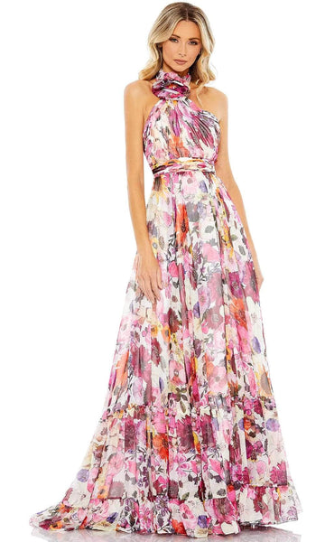 A-line Floral Print Halter Polyester Sleeveless Back Zipper Flowy Open-Back Ruched Natural Waistline Floor Length Evening Dress with a Brush/Sweep Train