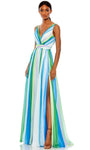 A-line V-neck Sleeveless Striped Print V Back Slit Ruched Back Zipper Empire Waistline Evening Dress/Prom Dress with a Brush/Sweep Train