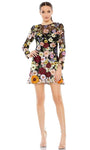 Sophisticated A-line Sheath Cocktail Short Polyester Jeweled Illusion Sheer Back Zipper Embroidered Jeweled Neck Long Sleeves Summer Natural Waistline Floral Print Sheath Dress
