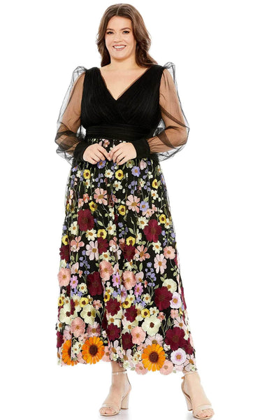 A-line V-neck Tea Length Natural Waistline Floral Print Sheer Back Zipper Vintage Applique Pleated Embroidered Chiffon Sheer Bishop Long Puff Sleeves Sleeves Dress