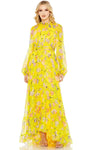 A-line High-Low-Hem Ruffle Trim Back Zipper High-Neck Floral Print Natural Waistline Long Raglan Sleeves Evening Dress/Prom Dress