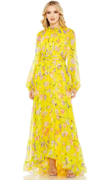 A-line Back Zipper Long Raglan Sleeves High-Low-Hem Ruffle Trim High-Neck Natural Waistline Floral Print Evening Dress/Prom Dress