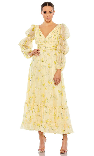 A-line V-neck Puff Sleeves Sleeves Cocktail Tea Length Empire Waistline Tiered Illusion Button Front V Back Floral Print Evening Dress With Ruffles