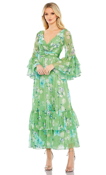 A-line V-neck Faux Wrap Tiered Ruched Bell Sleeves Natural Waistline Tea Length Floral Print Dress With Ruffles