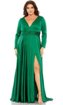 A-line V-neck Floor Length Long Sleeves Empire Waistline Slit Back Zipper Evening Dress with a Brush/Sweep Train